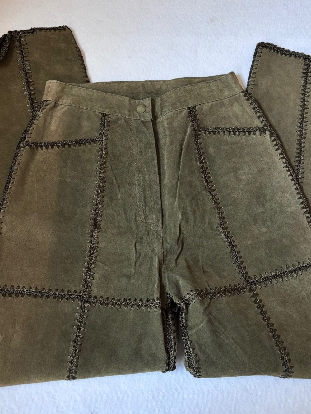 Vintage SMH Suede Patchwork Crochet Pants Olive Green Size 8 NWOT